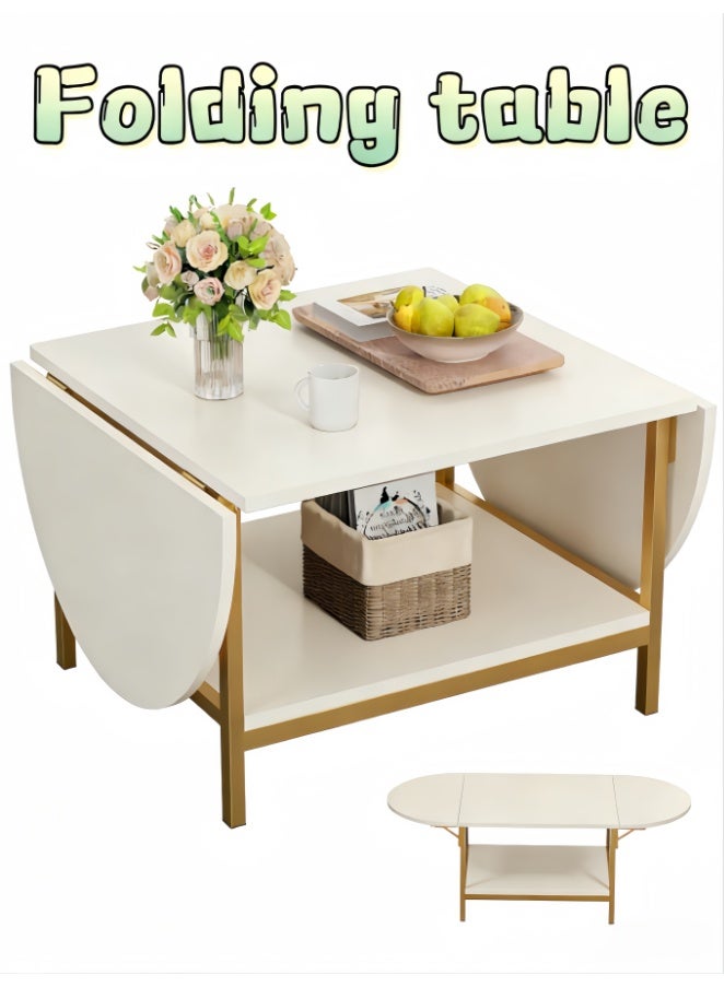 Modern Coffee Table White Extended Coffee Tables with Storage for Living Room 2-Tier Unique Center Table with Two Foldable Panel for Any Large or Small Space (CJ034) - Image 1